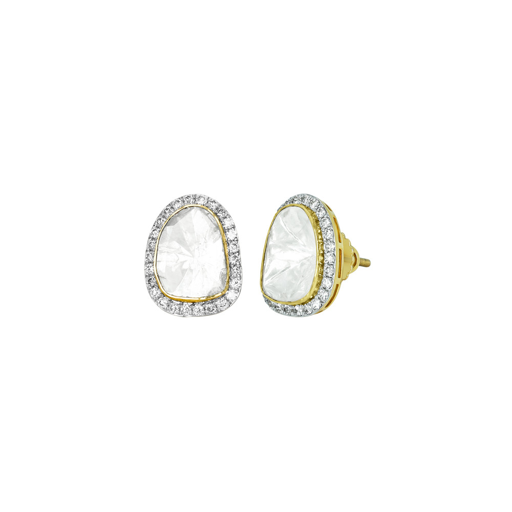Polki Stud Earrings with Fine-Cut Diamond Halo Border